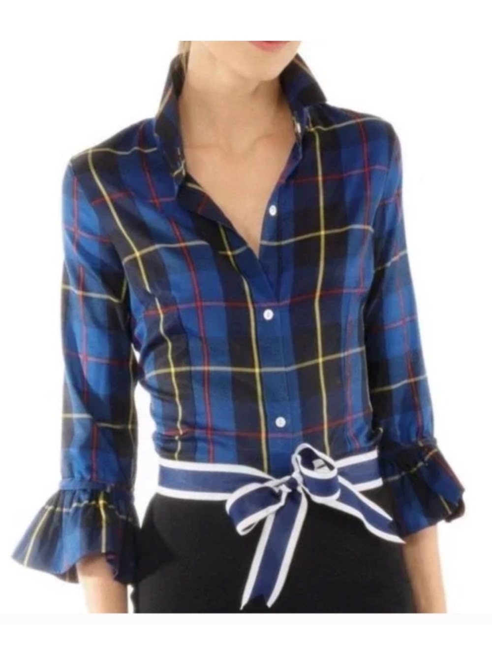 Gretchen Scott Duke Of York Priss Button Down Top Sz Medium Plaid Ruffle Sleeve